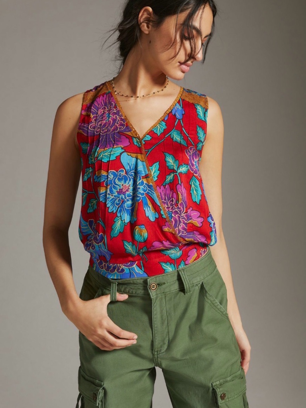 Anthropologie Tiny Rain Scarf Wrap Vivid Red Floral V-Neck Sleeveless Top